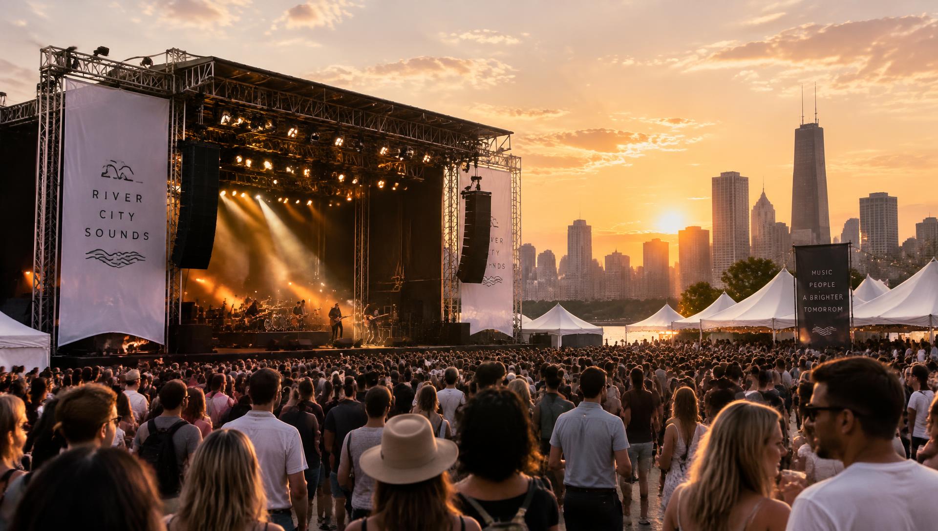 Outdoor music festival stage with event tents and a large crowd at sunset